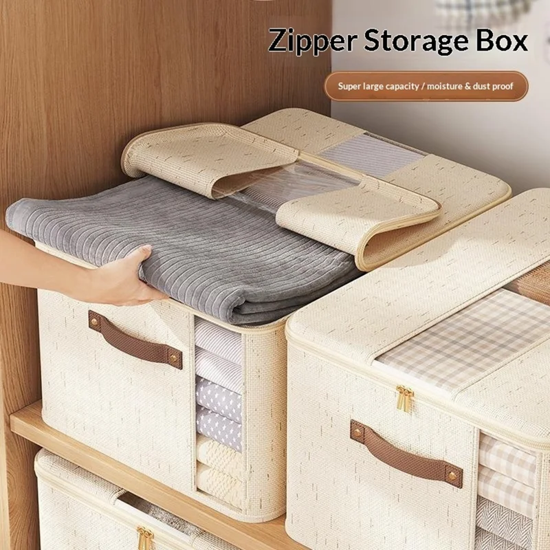 Scatola per il ripostiglio in cotone e lino 45×35×25 cm extra large, organizzatore con doppia apertura con cerniera e maniglie, scatola per coperte per la casa