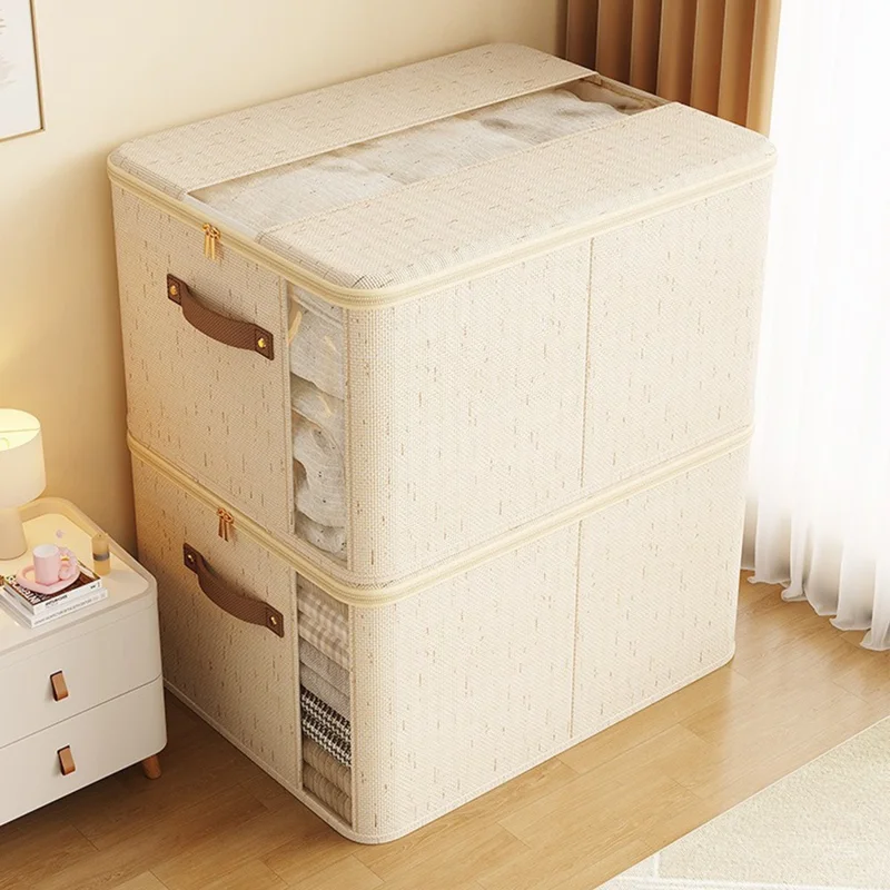 Scatola per il ripostiglio in cotone e lino 45×35×25 cm extra large, organizzatore con doppia apertura con cerniera e maniglie, scatola per coperte per la casa