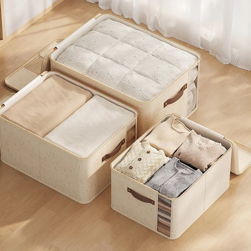 Scatola per il ripostiglio in cotone e lino 45×35×25 cm extra large, organizzatore con doppia apertura con cerniera e maniglie, scatola per coperte per la casa