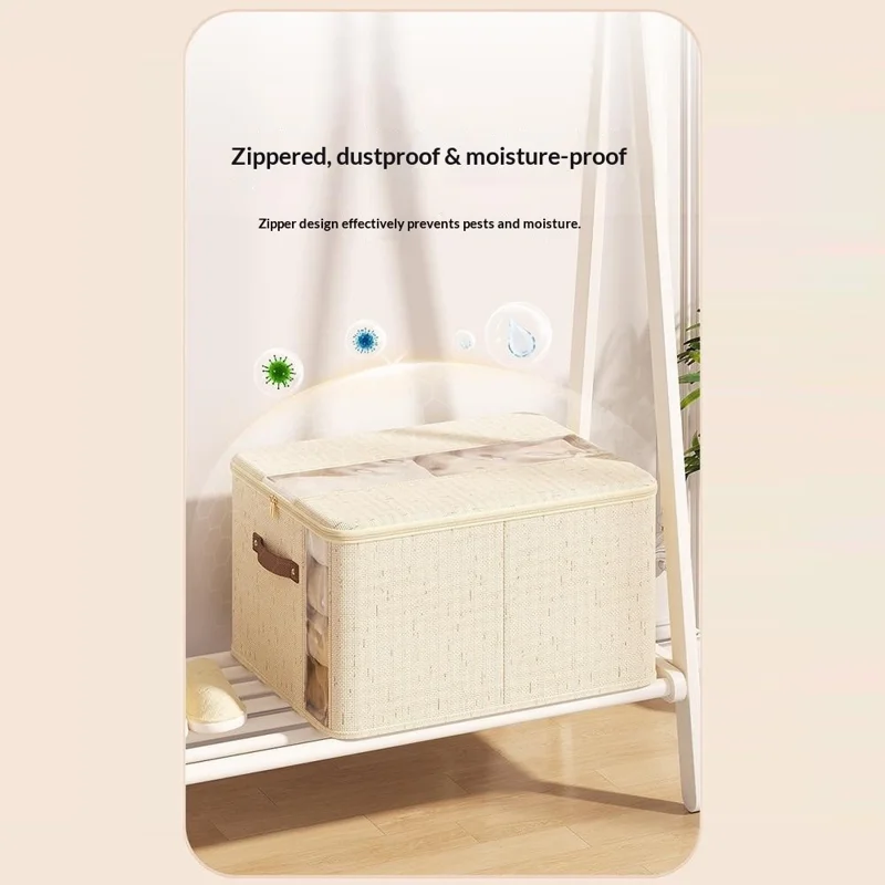 Scatola per il ripostiglio in cotone e lino 45×35×25 cm extra large, organizzatore con doppia apertura con cerniera e maniglie, scatola per coperte per la casa