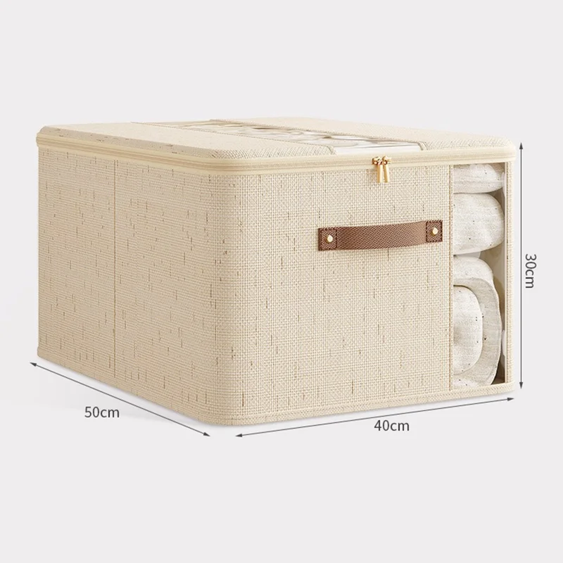 صندوق تخزين قطني وكتاني كبير بمقاس 50×40×30 سم، منظم بسحاب مزدوج مع مقبض ومقاصر للبطانيات، للمنزل
