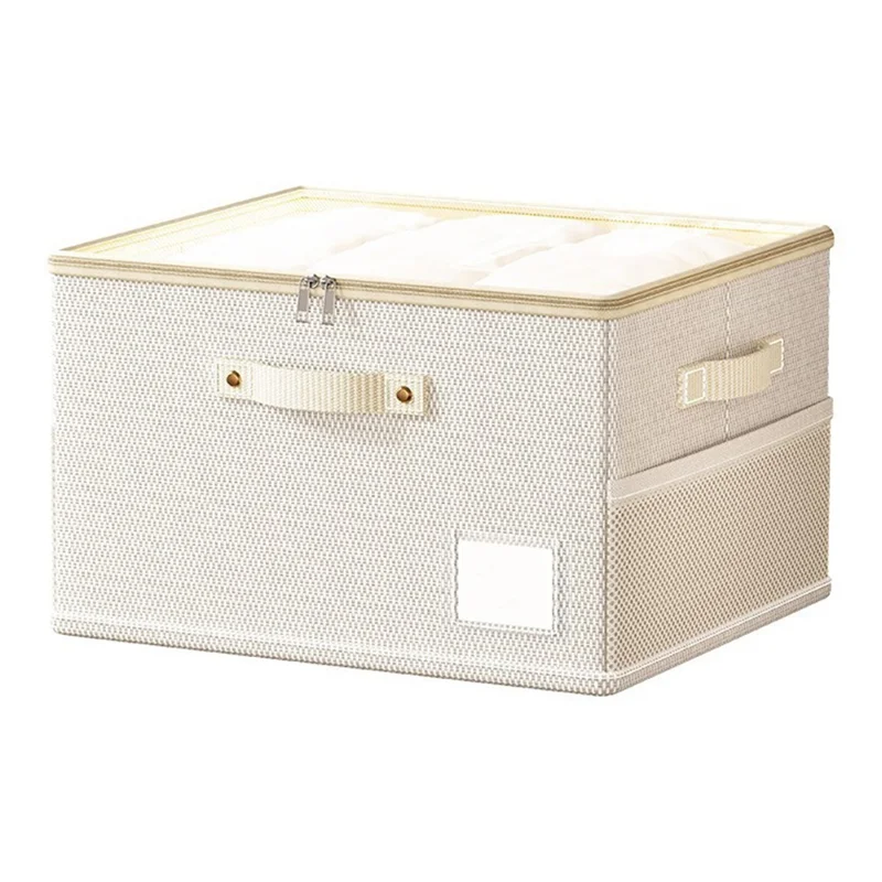 صندوق تخزين قابل للطي من قماش أكسفورد بمقاس 45 × 42 × 28 سم مع غطاء شفاف من مادة PVC منظم للملابس - بيج
