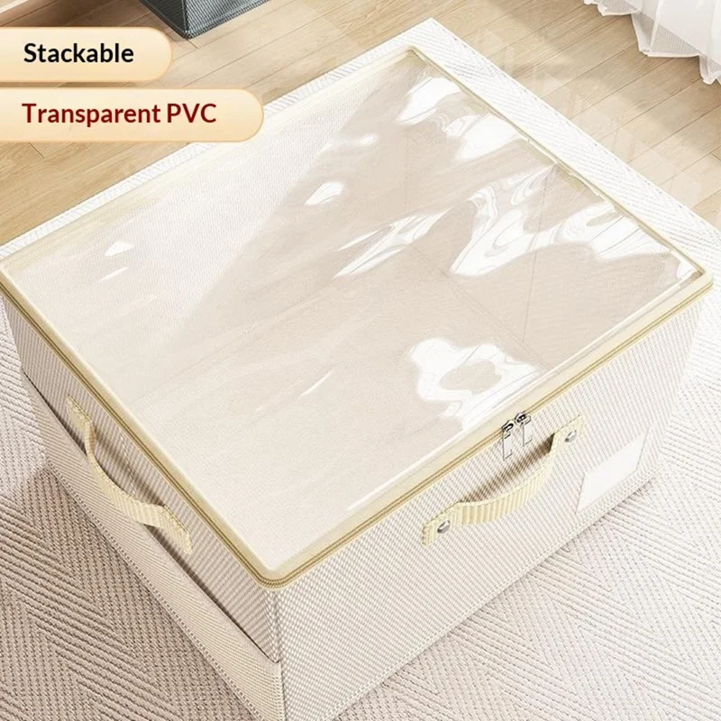 صندوق تخزين قابل للطي من قماش أكسفورد بمقاس 45 × 42 × 28 سم مع غطاء شفاف من مادة PVC منظم للملابس - بيج