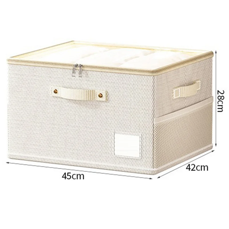 صندوق تخزين قابل للطي من قماش أكسفورد بمقاس 45 × 42 × 28 سم مع غطاء شفاف من مادة PVC منظم للملابس - بيج