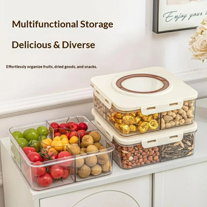 5 Compartment Storage Box with Handle Transparent Kitchen Container Fresh-Keeping Storage Container for Spices Dried Fruits (No FDA) - Coffee