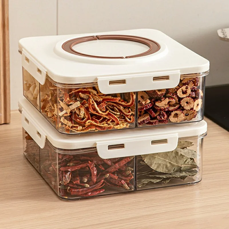 5 Compartment Storage Box with Handle Transparent Kitchen Container Fresh-Keeping Storage Container for Spices Dried Fruits (No FDA) - Coffee