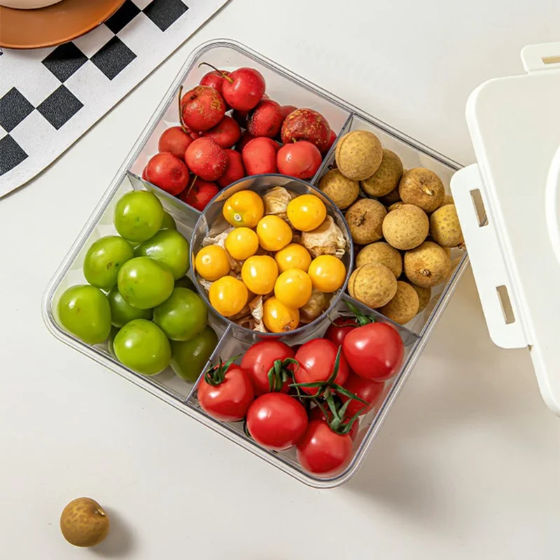 5 Compartment Storage Box with Handle Transparent Kitchen Container Fresh-Keeping Storage Container for Spices Dried Fruits (No FDA) - Coffee