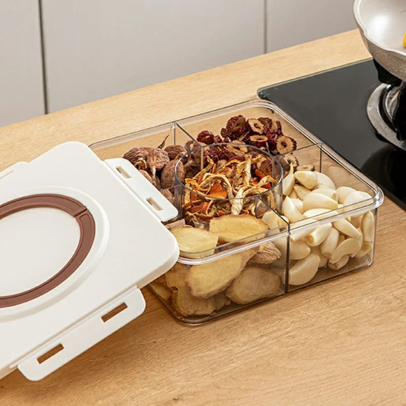 5 Compartment Storage Box with Handle Transparent Kitchen Container Fresh-Keeping Storage Container for Spices Dried Fruits (No FDA) - Coffee