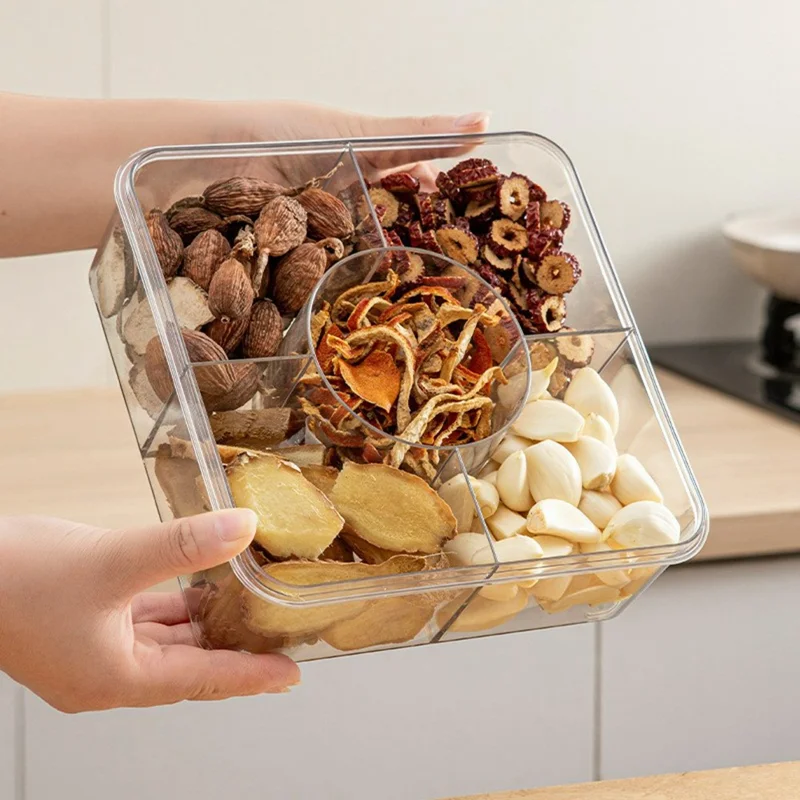 5 Compartment Storage Box with Handle Transparent Kitchen Container Fresh-Keeping Storage Container for Spices Dried Fruits (No FDA) - Coffee