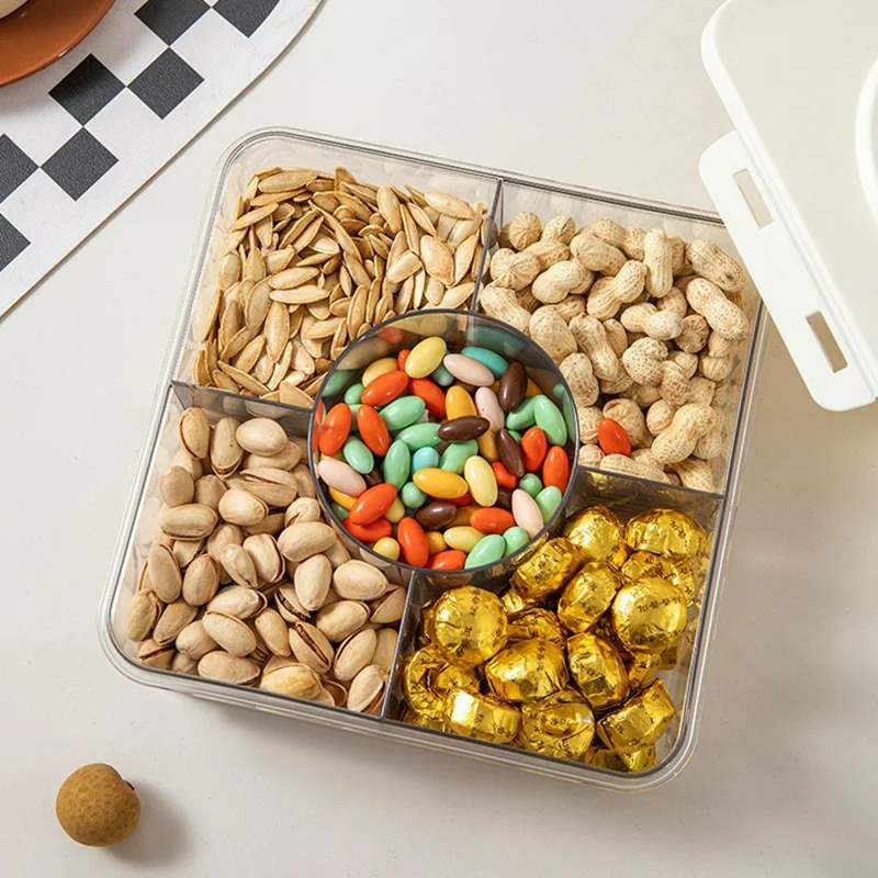 5 Compartment Storage Box with Handle Transparent Kitchen Container Fresh-Keeping Storage Container for Spices Dried Fruits (No FDA) - Coffee