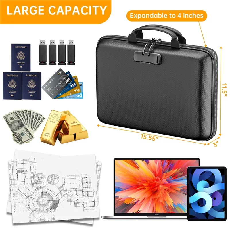 EVA Fireproof Handheld File Organizer Waterproof Document Storage Bag Multi-Layer Documents Organizer with Combination Lock