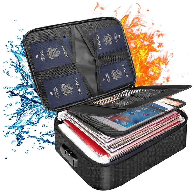 Multi-Layer Fireproof Storage Box Large Capacity Document Organizer with Combination Lock and Waterproof Zipper - Black