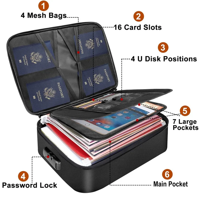 Multi-Layer Fireproof Storage Box Large Capacity Document Organizer with Combination Lock and Waterproof Zipper - Black