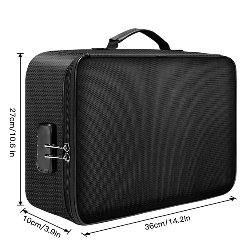 Multi-Layer Fireproof Storage Box Large Capacity Document Organizer with Combination Lock and Waterproof Zipper - Black
