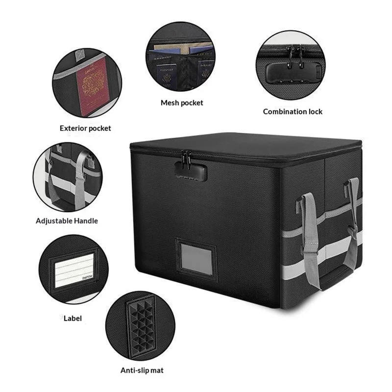 Waterproof Fireproof Storage Box with Lock Zipper Large Capacity Foldable Organizer Container for Home / Office