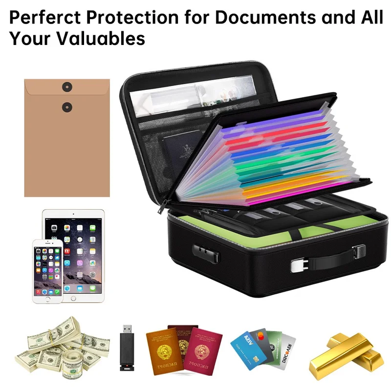 Fireproof Document Bag Hard Case Waterproof Safe Box for Valuables  /  Files  /  Certificates with Password Lock