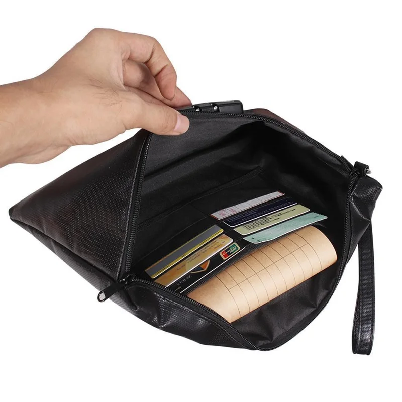 Fireproof Document Bag with Lock Waterproof Card Holder Pouch for Important Files  /  Papers Safe Storage Bag