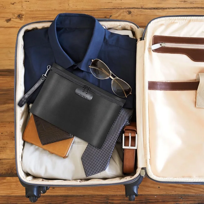 Fireproof Document Bag with Lock Waterproof Card Holder Pouch for Important Files  /  Papers Safe Storage Bag