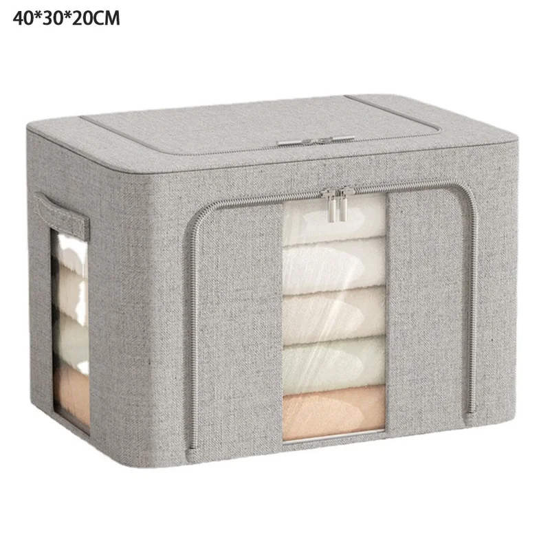 24L 40 x 30 x 20 CM Skrzynka składana na odzież i pościel, podwójne okienka, stalowa rama, wytrzymały organizator z bawełny i lenu - Szary