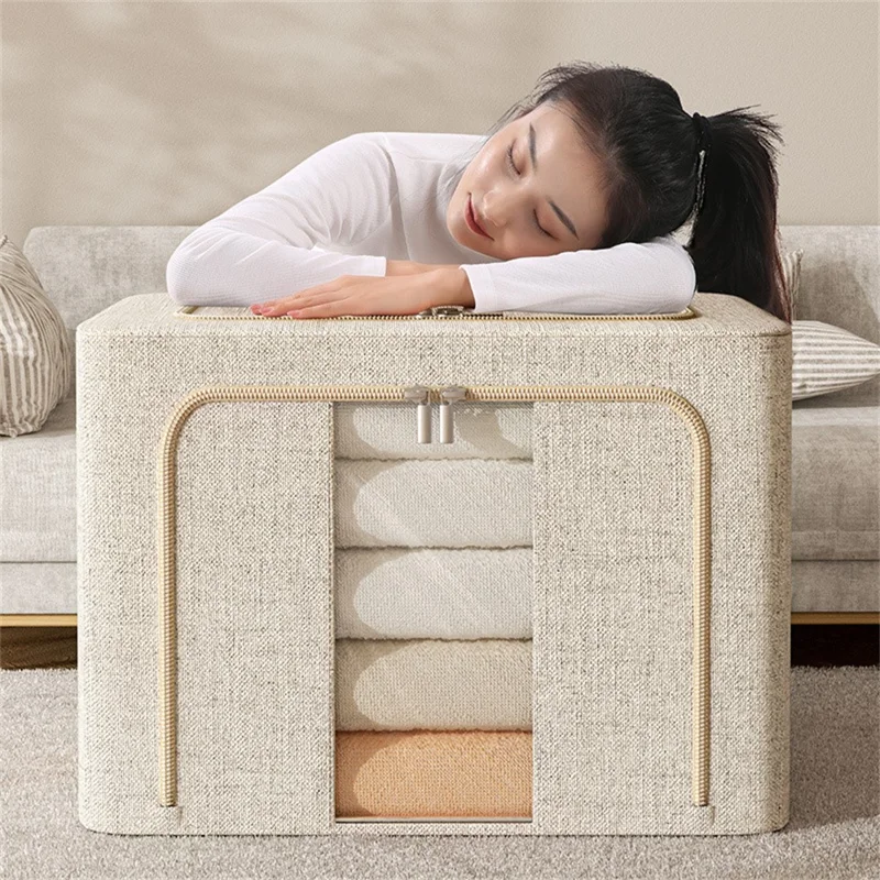 24L 40 x 30 x 20 CM Skrzynka składana na odzież i pościel, podwójne okienka, stalowa rama, wytrzymały organizator z bawełny i lenu - Szary