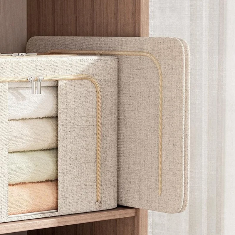 66 l 50 x 40 x 33 cm, składane pudełko na pranie, pościel, z podwójnym okienkiem, z ramą stalową, wytrzymały organizator z bawełny i lniany - szary