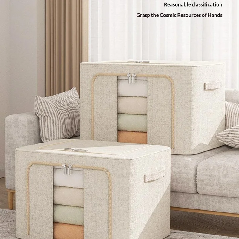 66 l 50 x 40 x 33 cm, składane pudełko na pranie, pościel, z podwójnym okienkiem, z ramą stalową, wytrzymały organizator z bawełny i lniany - szary