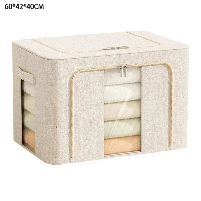 100L 60 x 42 x 40CM Foldable Storage Box For Clothes Bedding Double Window Steel Frame Heavy Duty Linen Cotton Organizer - Yellow