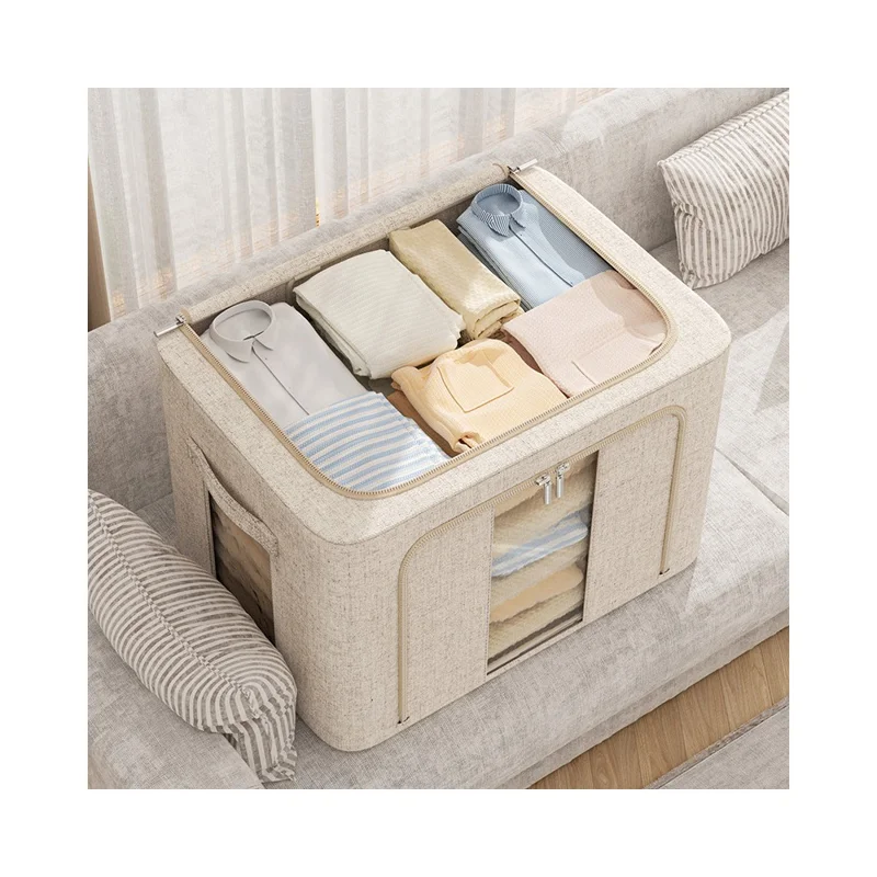100L 60 x 42 x 40CM Foldable Storage Box For Clothes Bedding Double Window Steel Frame Heavy Duty Linen Cotton Organizer - Yellow
