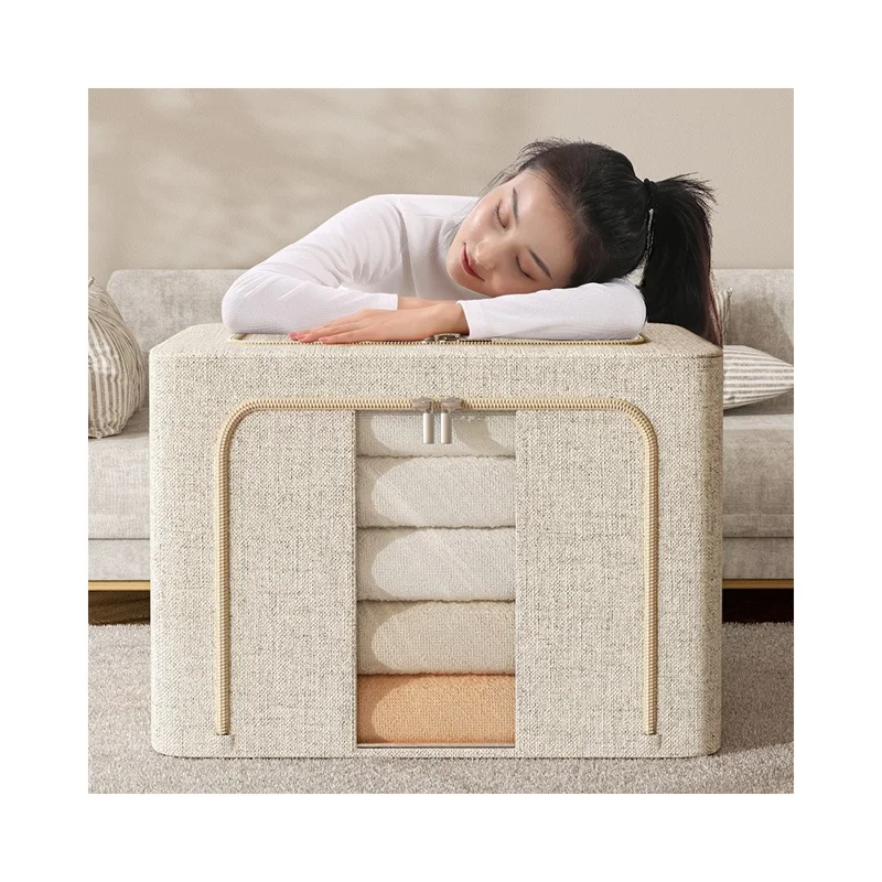 100L 60 x 42 x 40CM Foldable Storage Box For Clothes Bedding Double Window Steel Frame Heavy Duty Linen Cotton Organizer - Yellow