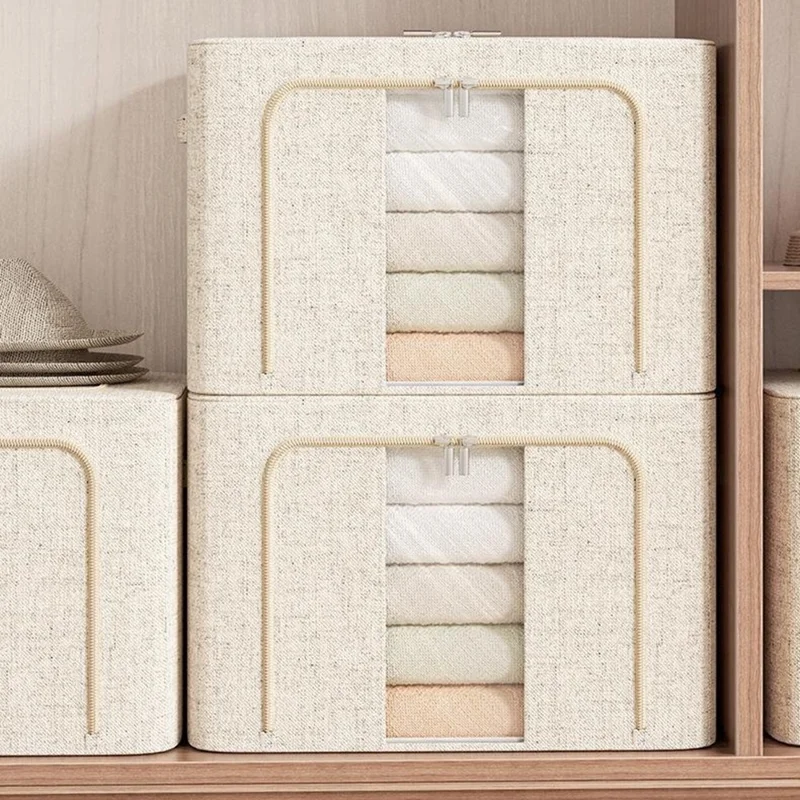 100L 60 x 42 x 40CM Foldable Storage Box For Clothes Bedding Double Window Steel Frame Heavy Duty Linen Cotton Organizer - Yellow