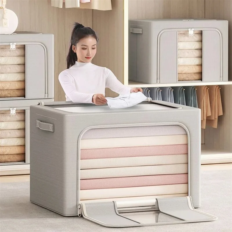 24L 40 x 30 x 20CM Oxford Fabric Storage Box with Window Foldable Organizer for Clothes Toys Books - Grey