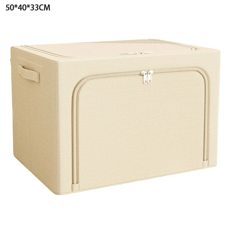 Caixa de Armazenamento Dobrável 66L 50 x 40 x 33 cm, Tecido Oxford de Alta Capacidade, Organizador com Zíper Duplo - Bege