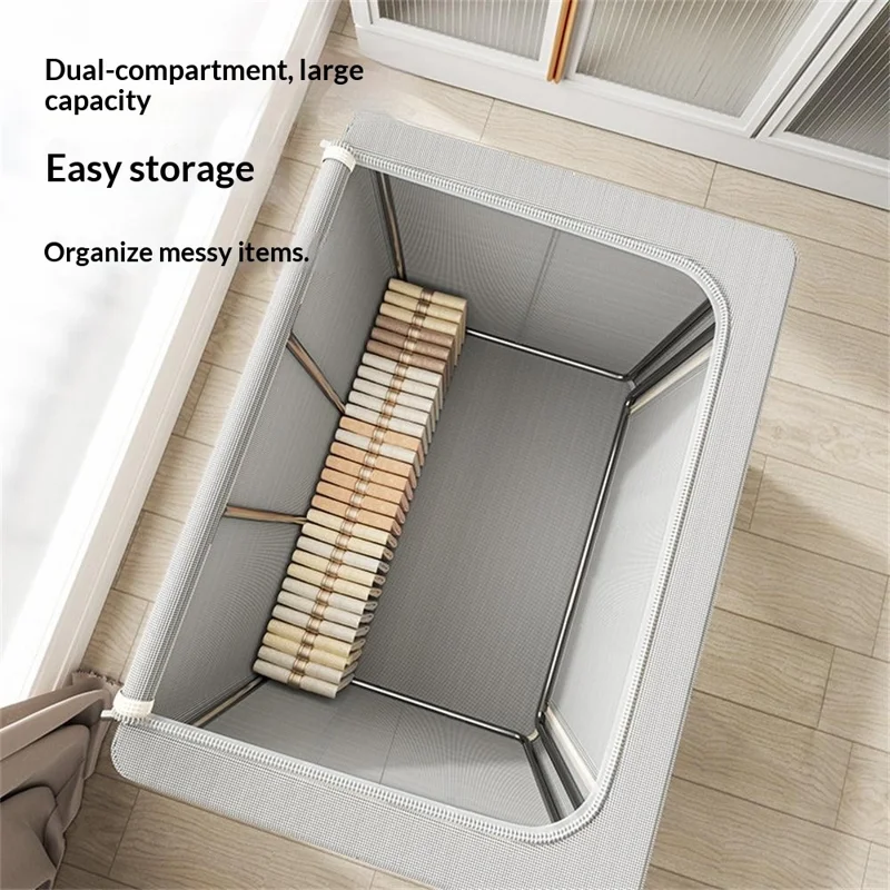 Caixa de Armazenamento Dobrável 66L 50 x 40 x 33 cm, Tecido Oxford de Alta Capacidade, Organizador com Zíper Duplo - Bege