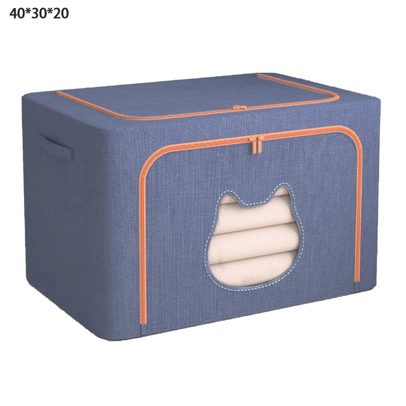 Boîte de rangement pliable 24 L 40 x 30 x 20 cm avec fenêtre en forme d'oreille de chat, organisateur en tissu cationique avec cadre en acier - Bleu