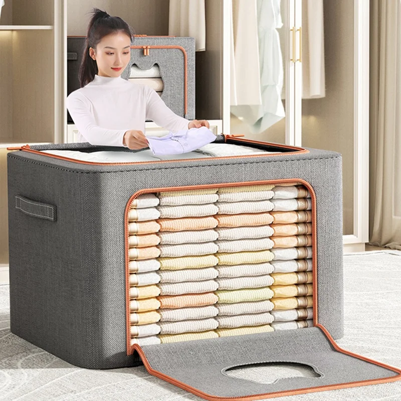 Boîte de rangement pliable 24 L 40 x 30 x 20 cm avec fenêtre en forme d'oreille de chat, organisateur en tissu cationique avec cadre en acier - Bleu