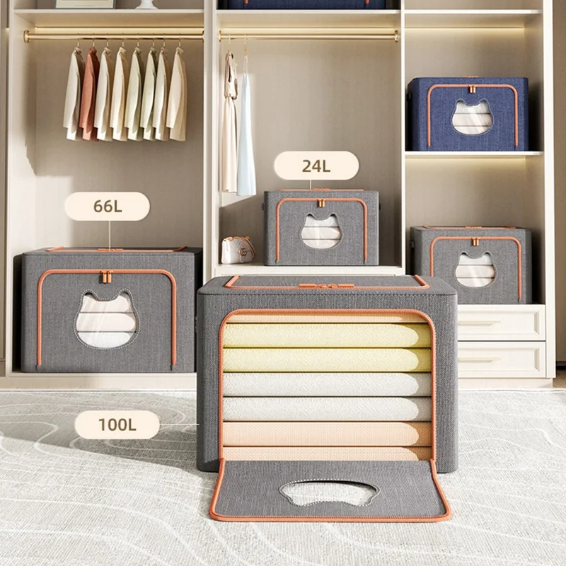 Boîte de rangement pliable 24 L 40 x 30 x 20 cm avec fenêtre en forme d'oreille de chat, organisateur en tissu cationique avec cadre en acier - Bleu