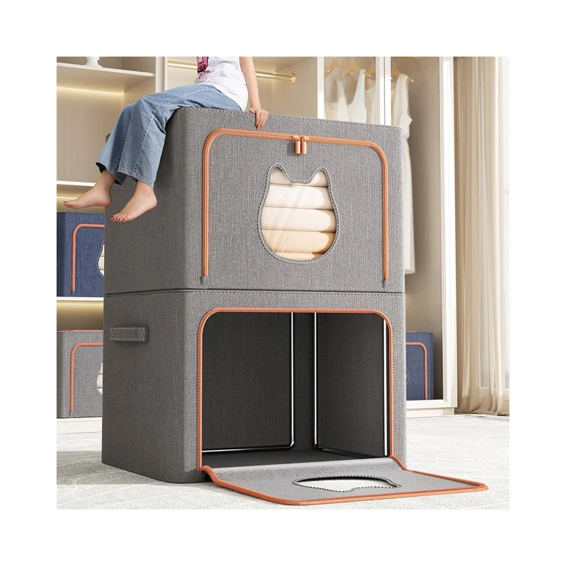 Boîte de rangement pliable 24 L 40 x 30 x 20 cm avec fenêtre en forme d'oreille de chat, organisateur en tissu cationique avec cadre en acier - Bleu