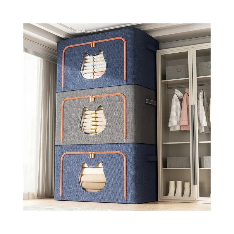 Boîte de rangement pliable 24 L 40 x 30 x 20 cm avec fenêtre en forme d'oreille de chat, organisateur en tissu cationique avec cadre en acier - Bleu