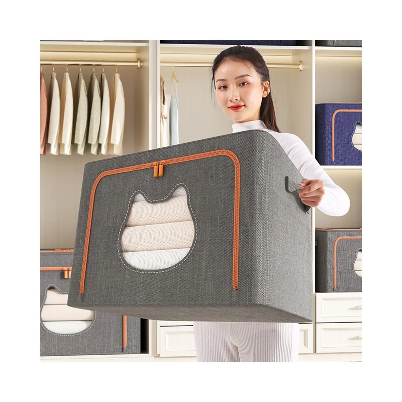 Boîte de rangement pliable 24 L 40 x 30 x 20 cm avec fenêtre en forme d'oreille de chat, organisateur en tissu cationique avec cadre en acier - Bleu