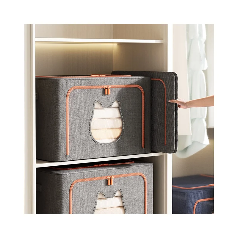 Boîte de rangement pliable 24 L 40 x 30 x 20 cm avec fenêtre en forme d'oreille de chat, organisateur en tissu cationique avec cadre en acier - Bleu