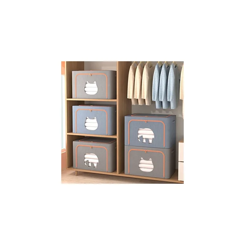 Boîte de rangement pliable 24 L 40 x 30 x 20 cm avec fenêtre en forme d'oreille de chat, organisateur en tissu cationique avec cadre en acier - Bleu