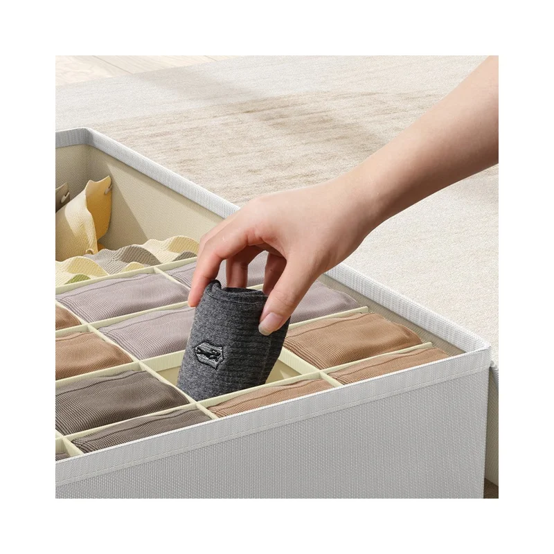 Boîte de Rangement pour Sous-vêtements 13 Compartiments, Séparateur de Tiroir Pliable avec Couvercle pour Chaussettes, Soutiens-gorge, Vêtements - Gris Clair