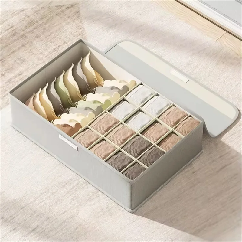 Unterwäsche-Organizer-Box mit 17 Fächern, faltbarer Schubladen-Teiler mit Deckel zur Aufbewahrung von Socken, BHs und Kleidung – Hellgrau