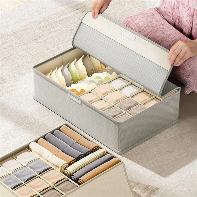 Unterwäsche-Organizer-Box mit 17 Fächern, faltbarer Schubladen-Teiler mit Deckel zur Aufbewahrung von Socken, BHs und Kleidung – Hellgrau