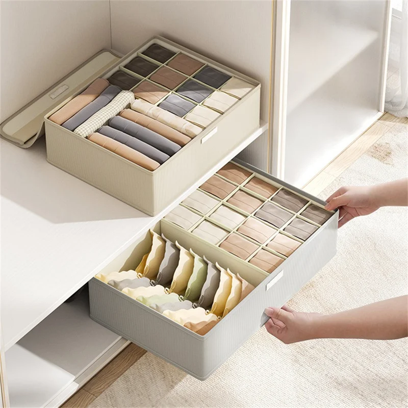 Unterwäsche-Organizer-Box mit 17 Fächern, faltbarer Schubladen-Teiler mit Deckel zur Aufbewahrung von Socken, BHs und Kleidung – Hellgrau
