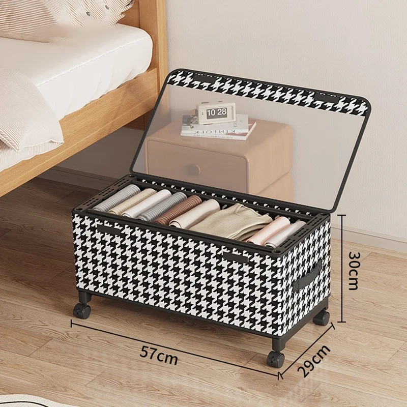 Under Bed Storage Box with Wheels 57cm Long Dustproof Foldable Clothing Organizer Container - Houndstooth  /  Transparent Lid