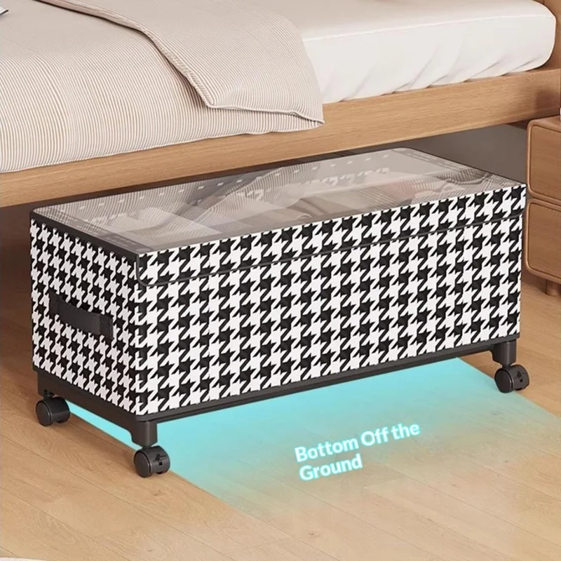 Under Bed Storage Box with Wheels 57cm Long Dustproof Foldable Clothing Organizer Container - Houndstooth  /  Transparent Lid
