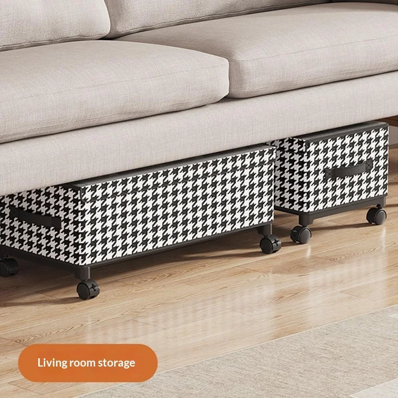 Under Bed Storage Box with Wheels 57cm Long Dustproof Foldable Clothing Organizer Container - Houndstooth  /  Transparent Lid