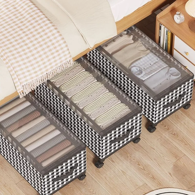 Under Bed Storage Box with Wheels 57cm Long Dustproof Foldable Clothing Organizer Container - Houndstooth  /  Transparent Lid