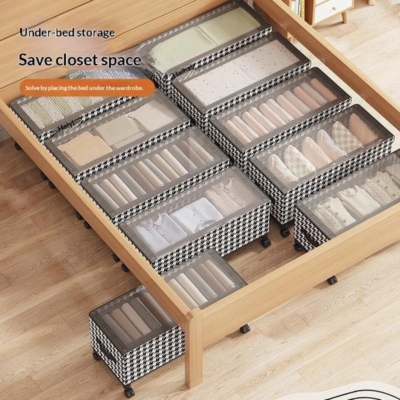 Under Bed Storage Box with Wheels 57cm Long Dustproof Foldable Clothing Organizer Container - Houndstooth  /  Transparent Lid